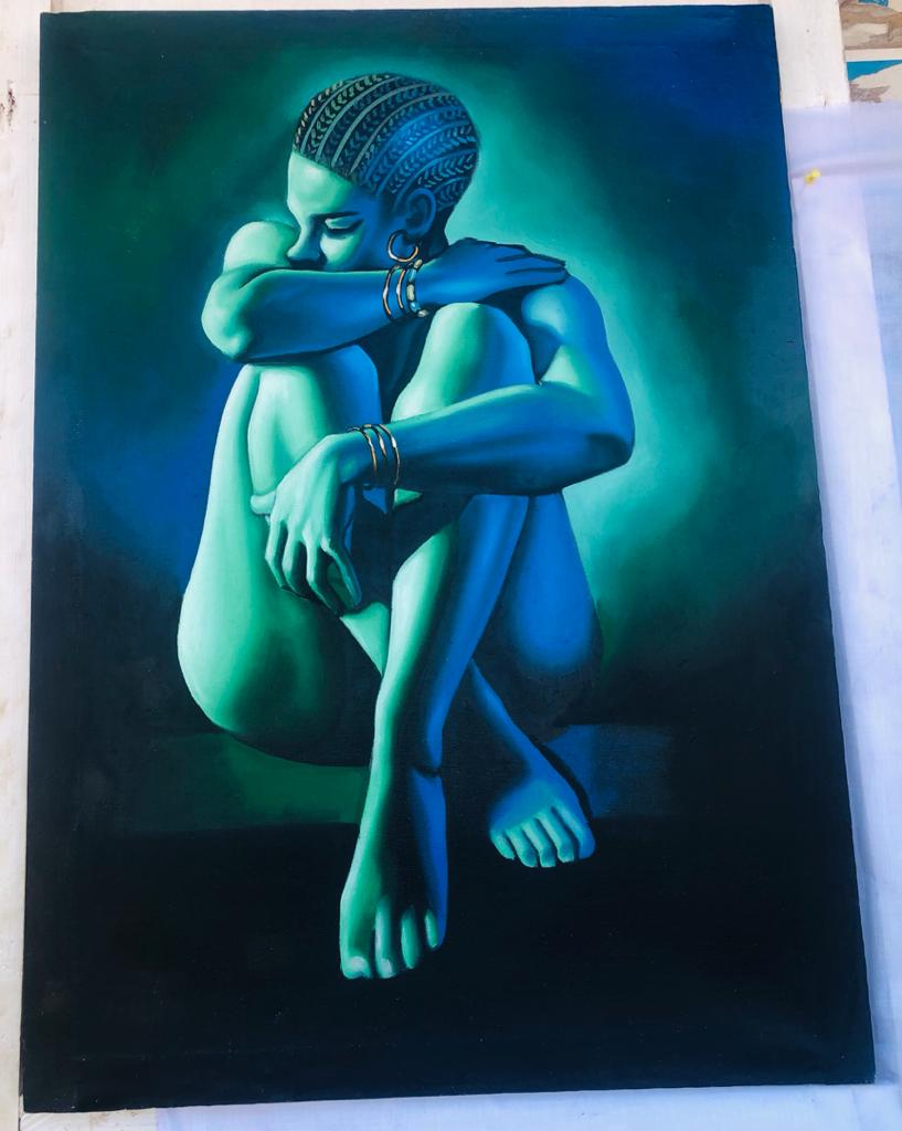 Original beautiful sensual painting of an African woman lost in thought