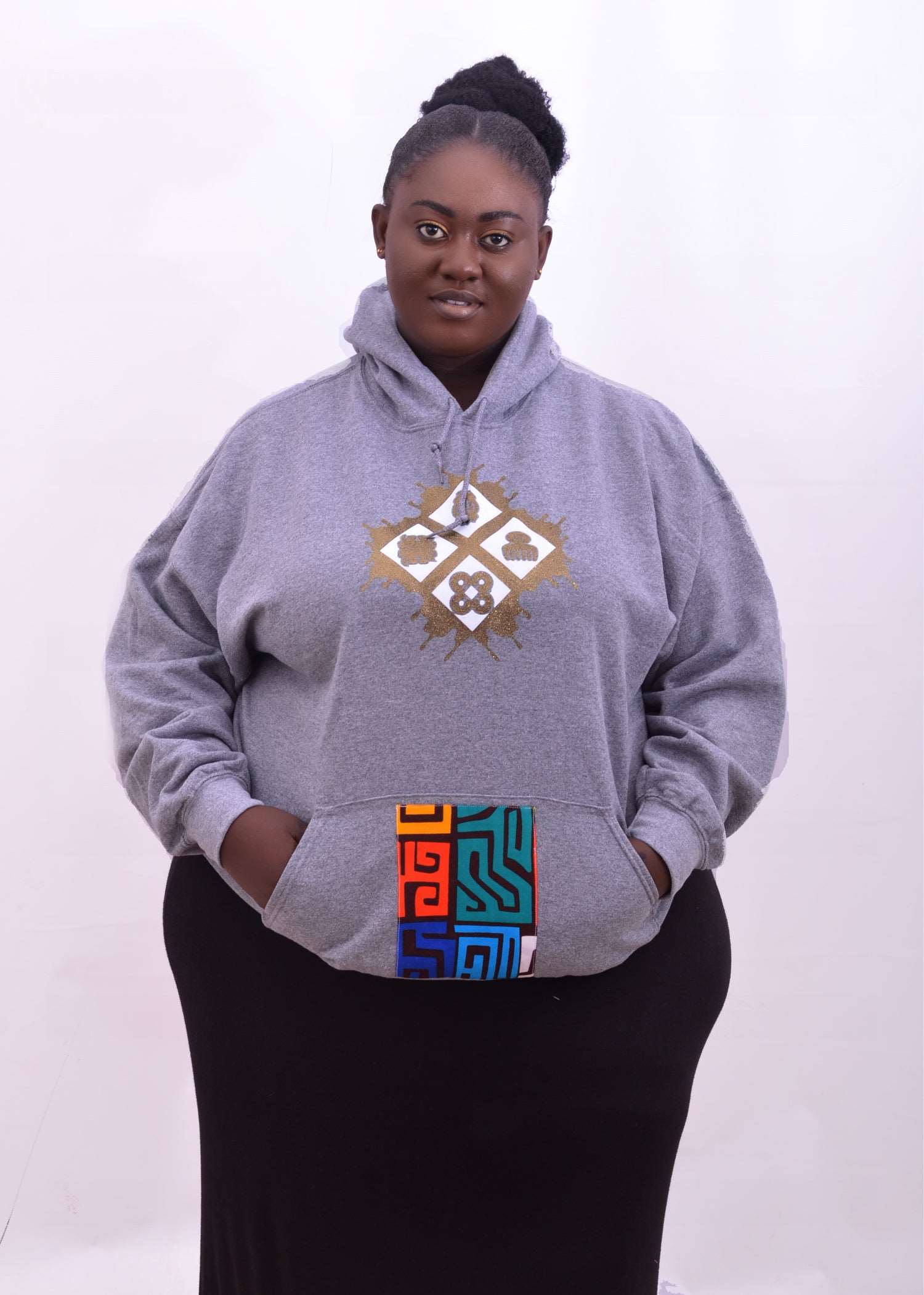 Abbiexpress Adenkra hoodie withi Ankara/African print design