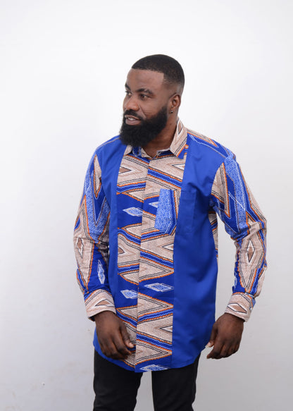 Abbiexpress African Men Wear African  Blue Ankara  Mix Shirt