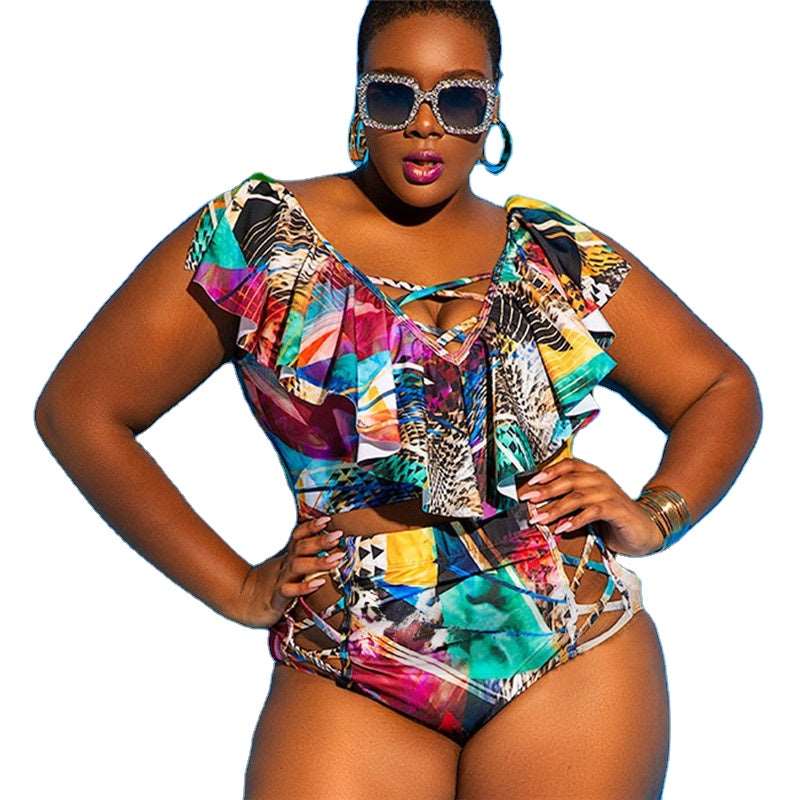 Abbiexpress African Print 2 Piece of shoulder cape Bathing Suit Plus Size Swimwear