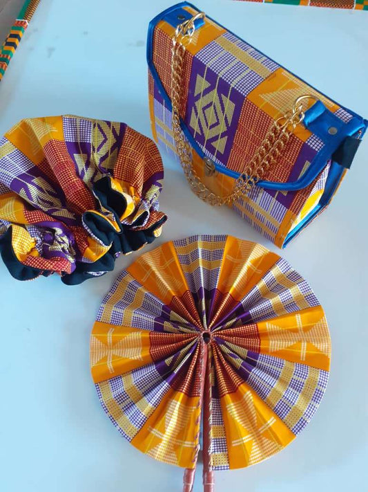 Abbiexpress African Print Bag, Matching Set (Bonnet, Fan & Purse)