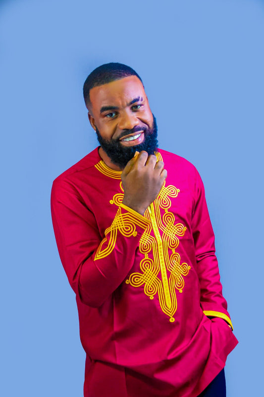 Abbiexpress AFRICAN'S MEN'S WEAR Red And Gold Embroidered Men African Shirt