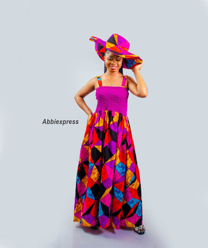 Abbiexpress AFRICAN WOMEN'S WEAR Ankara print dress paired with a matching hat