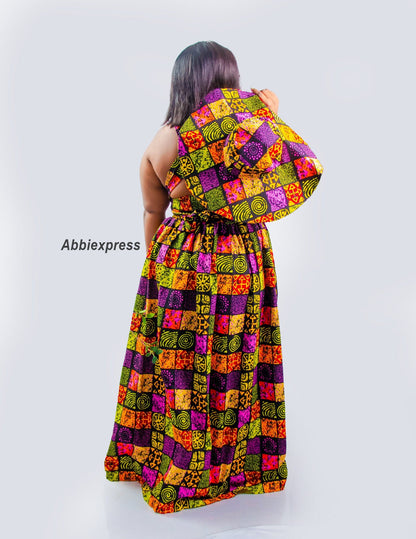 Abbiexpress AFRICAN WOMEN'S WEAR Multiple color Ankara Maxi dress paired with a matching hat.