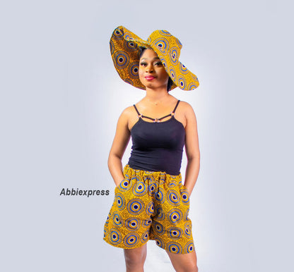Abbiexpress AFRICAN WOMEN'S WEAR Yellow / Cotton / M, L, XL, XXL Ankara Pants paired with a matching Sun Hat