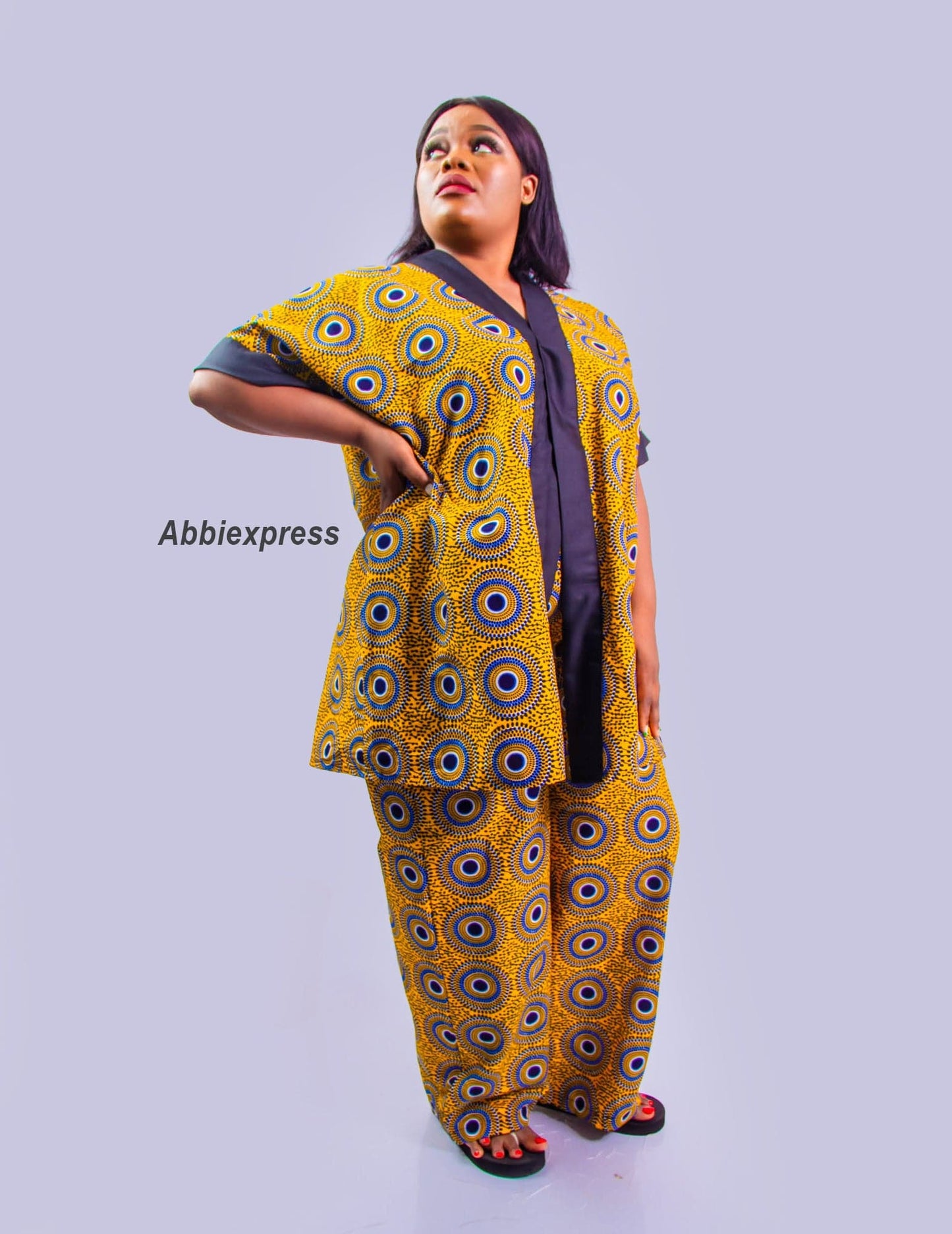 Abbiexpress AFRICAN WOMEN'S WEAR Yellow / Cotton / M, L, XL, XXL Two-piece set of Matching Ankara Kimono and Pants