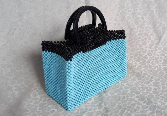 Abbiexpress Bags Retail Handmade Woven Beaded Pearl Bags Square Box Blue