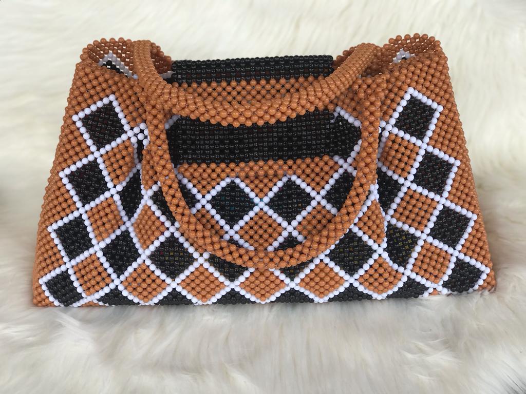 Abbiexpress Beaded browm black white handbag