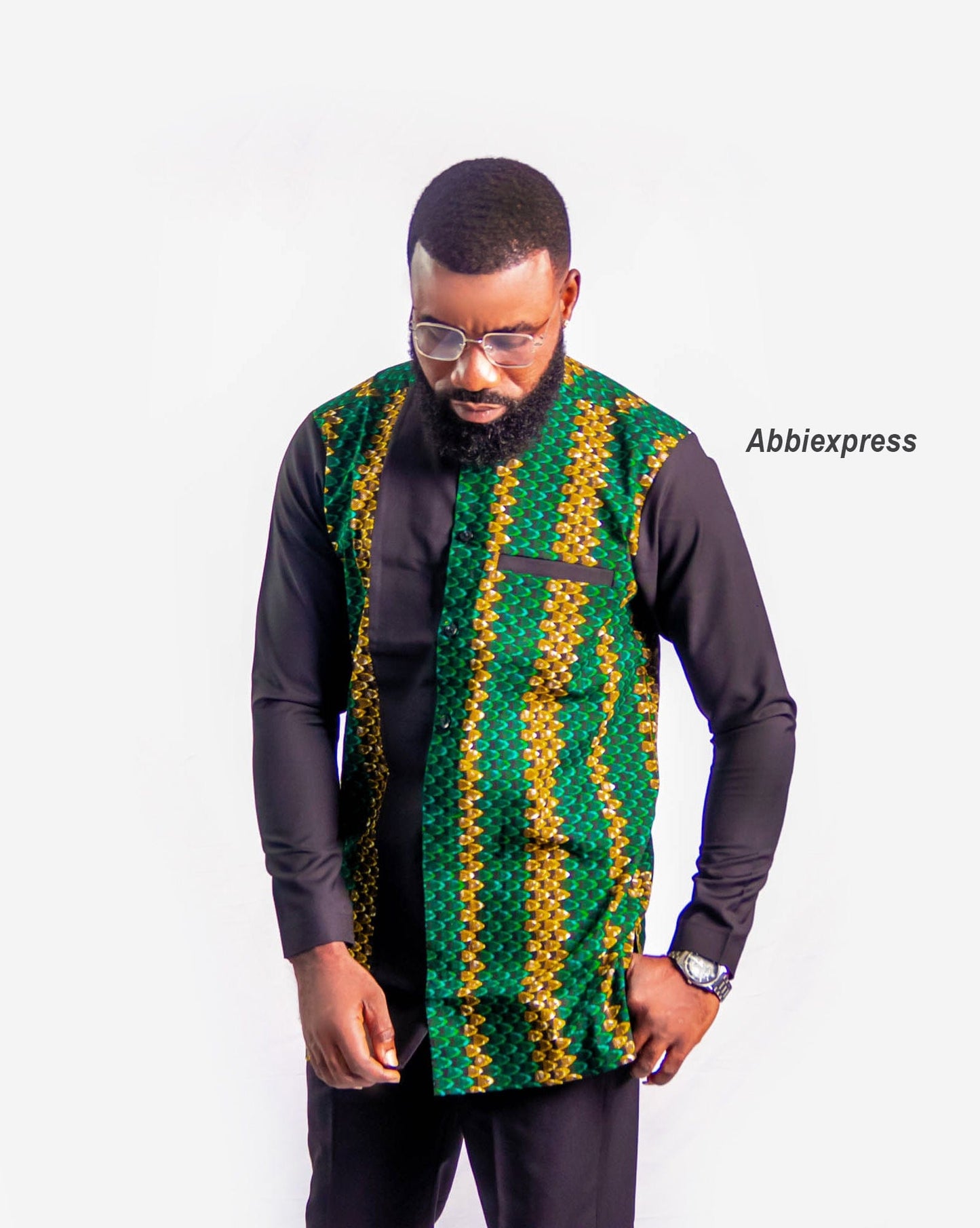 Two-piece set of black and green Ankara men’s outfit- Abbiexpress African Men’s Wear 