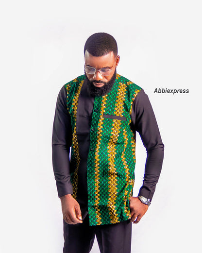 Two-piece set of black and green Ankara men’s outfit- Abbiexpress African Men’s Wear 