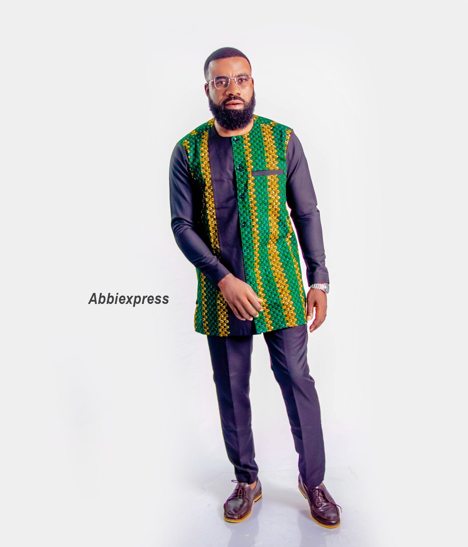 Two-piece set of black and green Ankara men’s outfit- Abbiexpress African Men’s Wear 