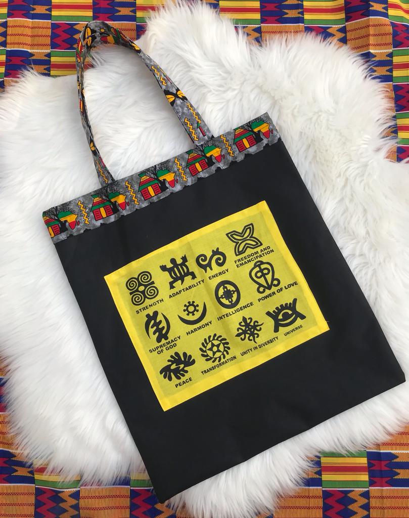 Abbiexpress Black Ankara African Print Symbols Tote Bag