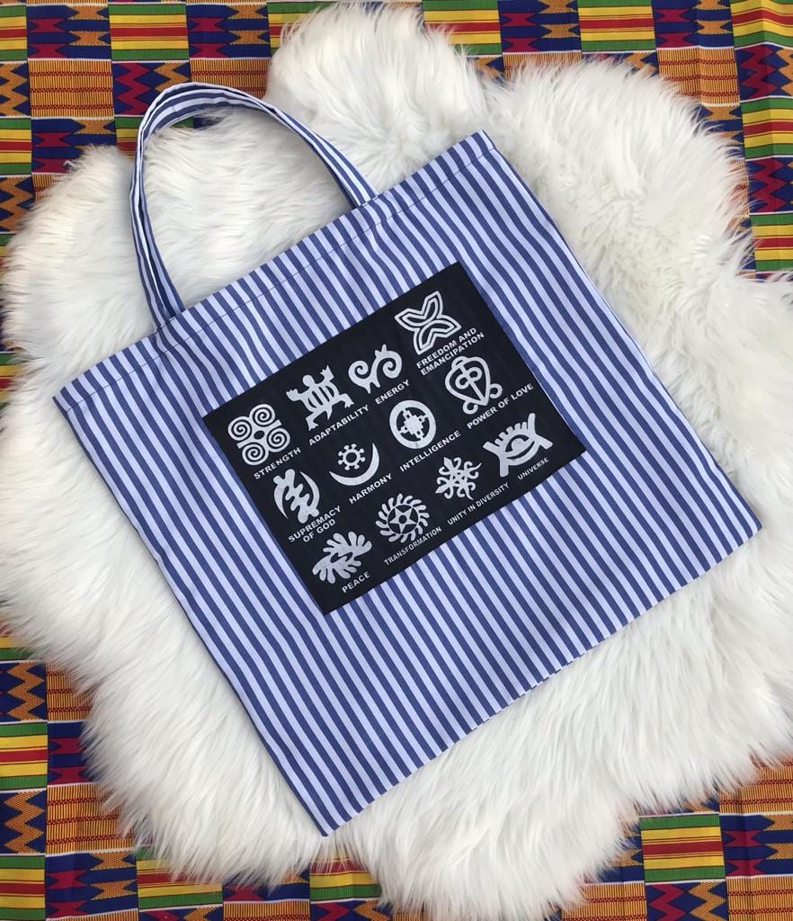 Abbiexpress Blue and white Ankara African Print Symbols Tote Bag