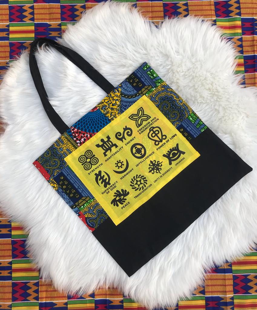 Abbiexpress Half black Ankara African Print Symbols Tote Bag