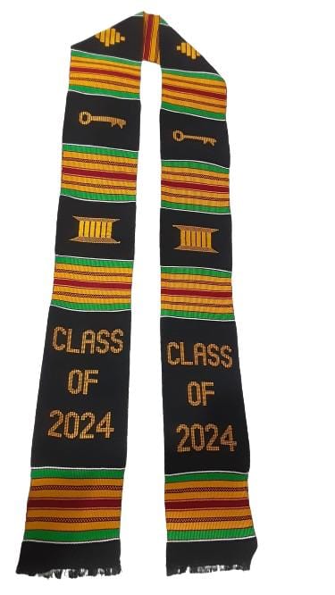 Abbiexpress Kente Black Yellow And Green Hand Woven Graduation Stole/Sash