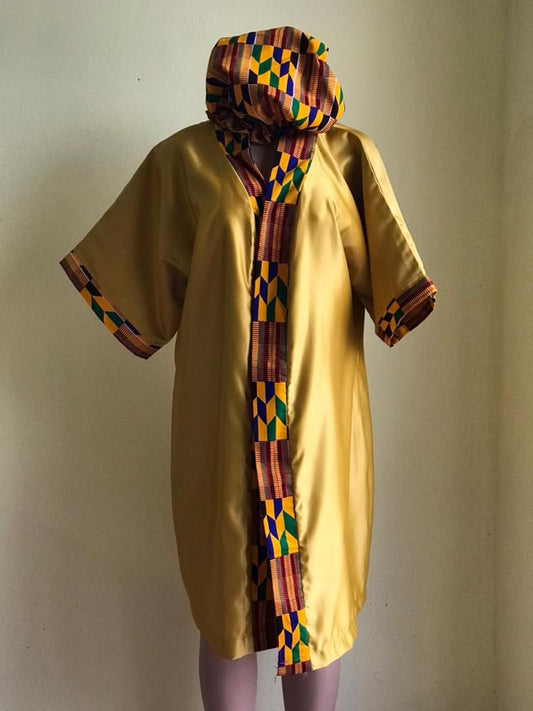 Abbiexpress Matching Ankara hair Bonnet with a gold robe
