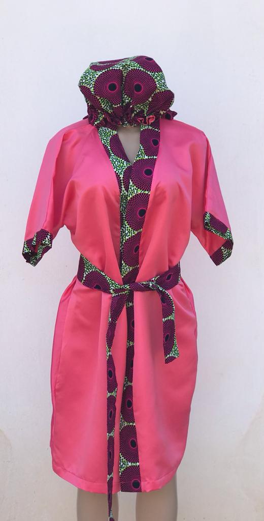 Abbiexpress Matching Ankara hair Bonnet with a pink robe