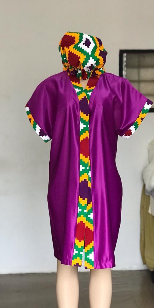 Abbiexpress Matching Ankara hair Bonnet with a purple robe