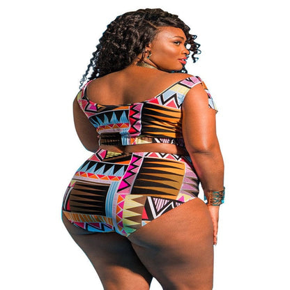 Abbiexpress Of shoulder African Print 2 Piece Bathing Suit Plus Size Swimwear