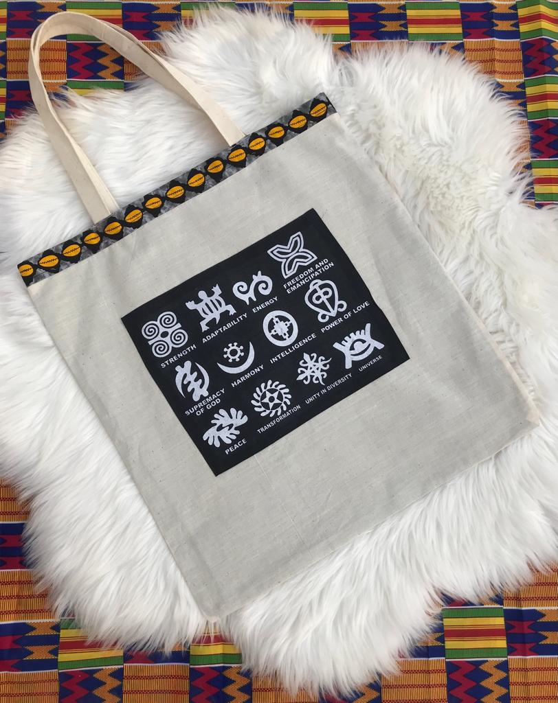 Abbiexpress Off white Ankara African Print Symbols Tote Bag