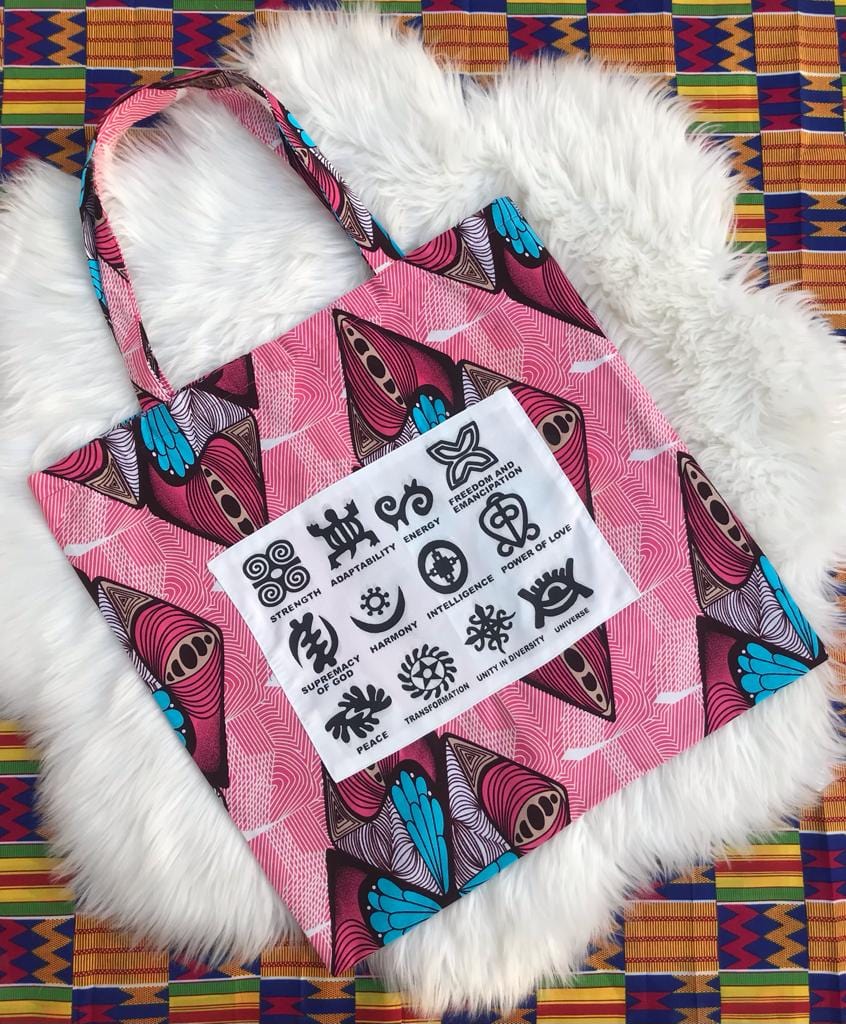 Abbiexpress Pink Ankara African Print Symbols Tote Bag