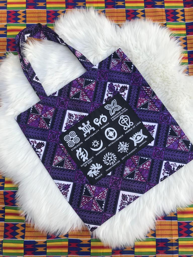 Abbiexpress Purple Ankara African Print Symbols Tote Bag