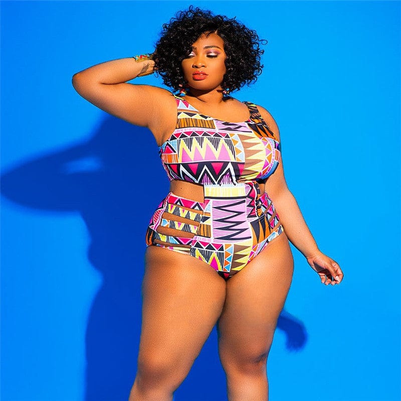 One Piece High Waisted Bandage Plus Full Size African Print Swimwear