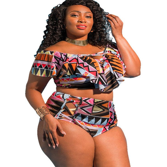Abbiexpress XXL / Z0909E2 Of shoulder African Print 2 Piece Bathing Suit Plus Size Swimwear