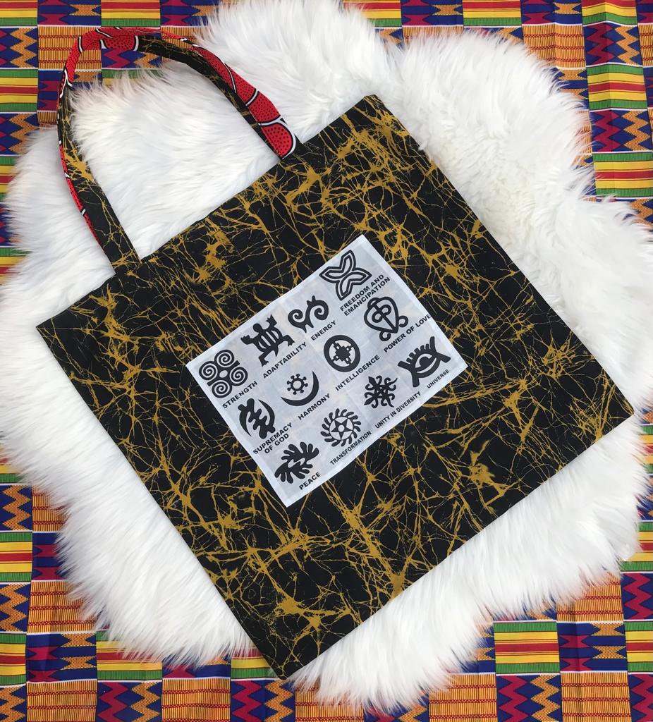 Abbiexpress Yellow black Ankara African Print Symbols Tote Bag