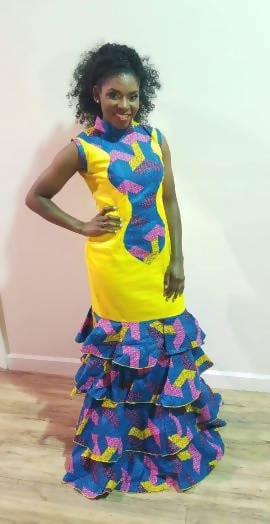 E&E Design African Women Wear Multi-ruffled blue and yellow African dress