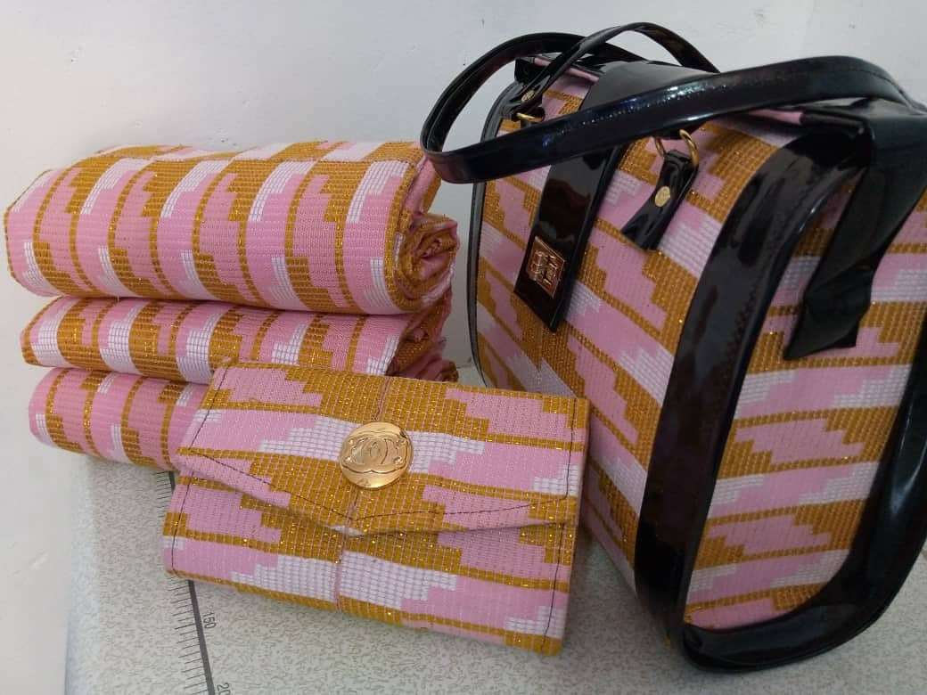 Odeneho Kente Authentic Hand Woven Baby Pink  Kente  Cloth, Hand Bag And Clutch